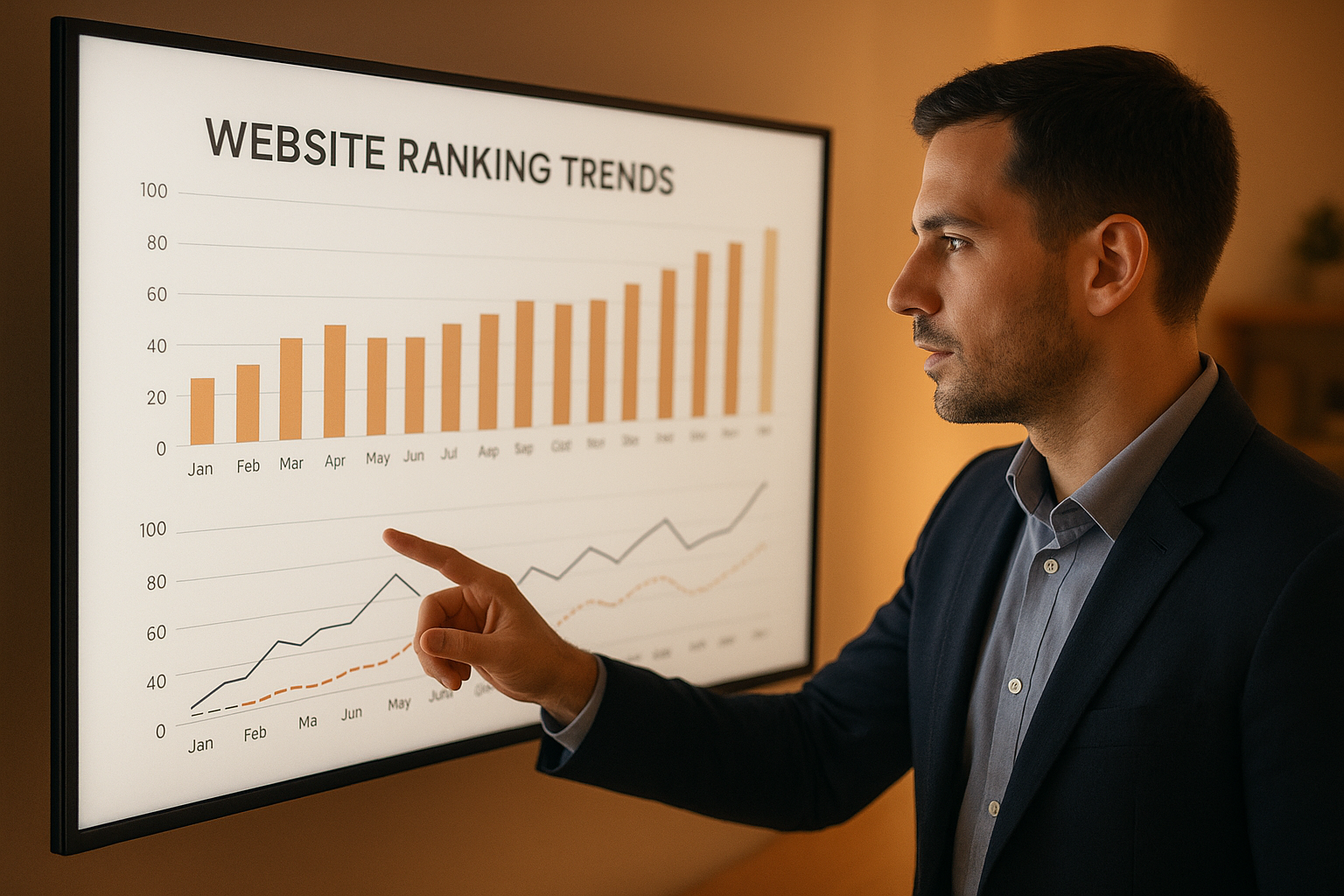 Analyst reviewing automated SEO performance metrics on a large office display