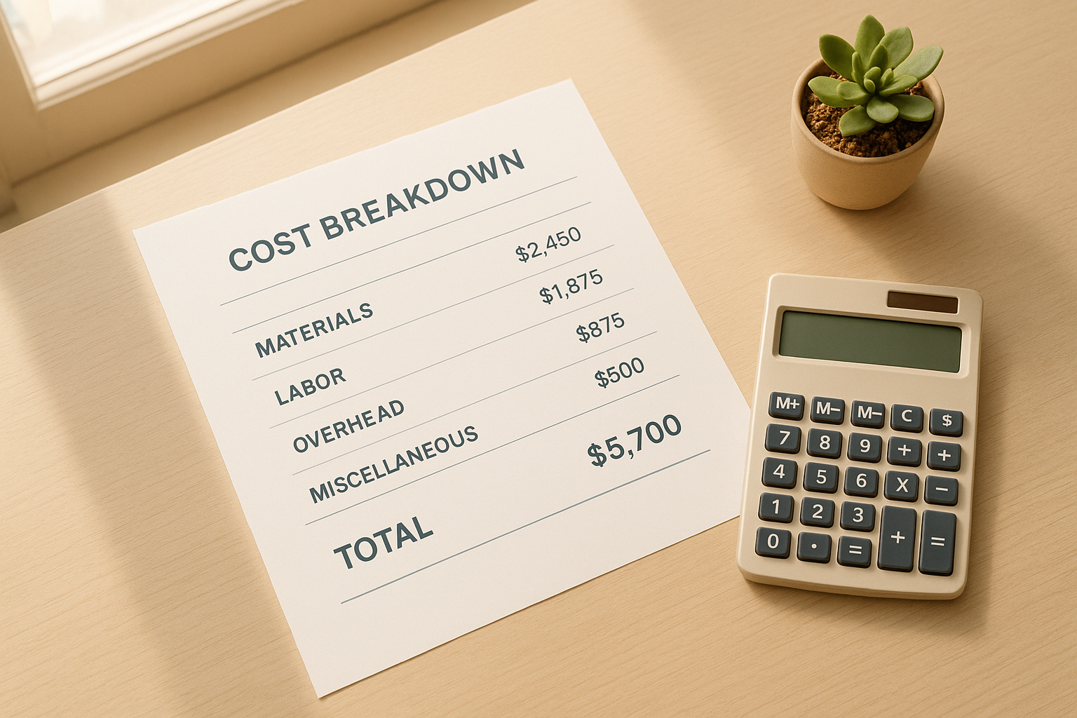HR services price list document on a desk with a calculator and plant