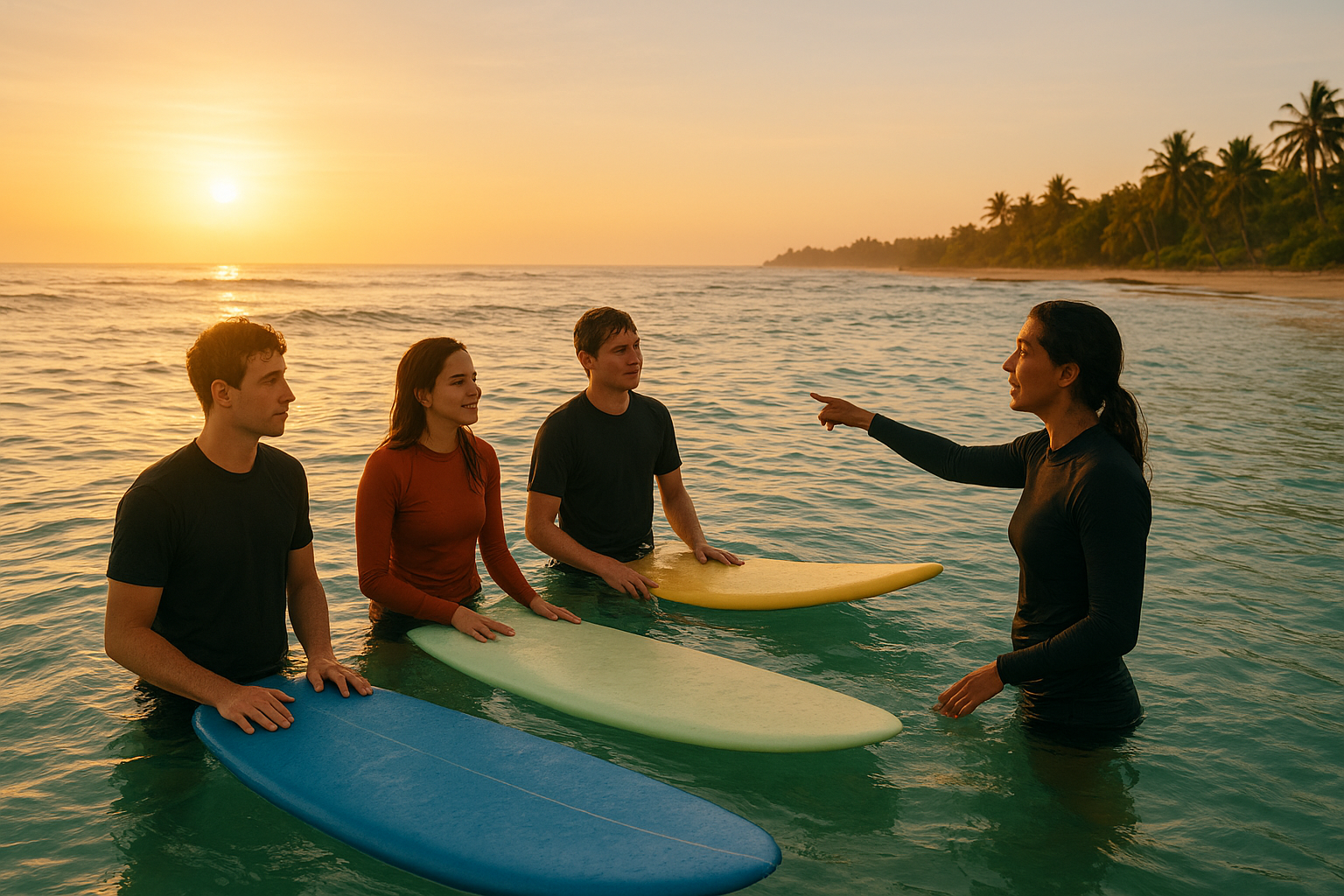 Beginner surf students learning ocean basics with an instructor in Oahu