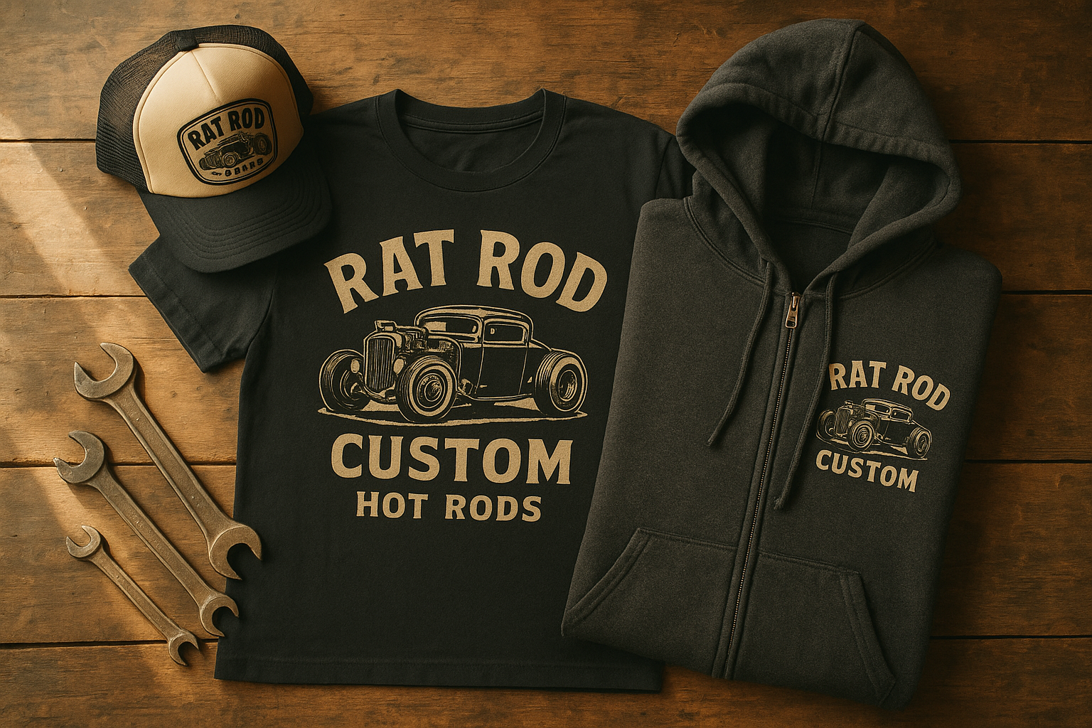 Flat lay of unique rat rod apparel including a t-shirt, cap, and hoodie on a workbench