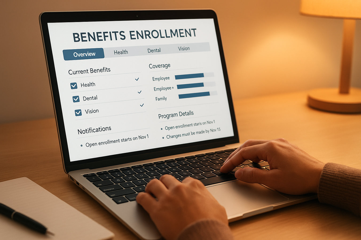 Laptop screen showing a benefits enrollment dashboard representing modern human resource administration tools