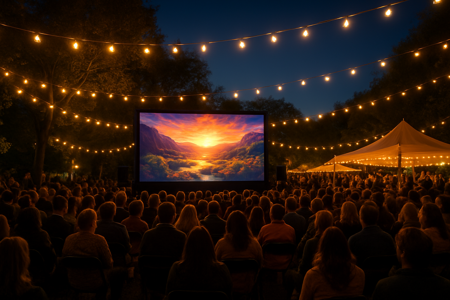 Outdoor event in Evansville Indiana featuring a large projection screen rental with crowd gathered at dusk