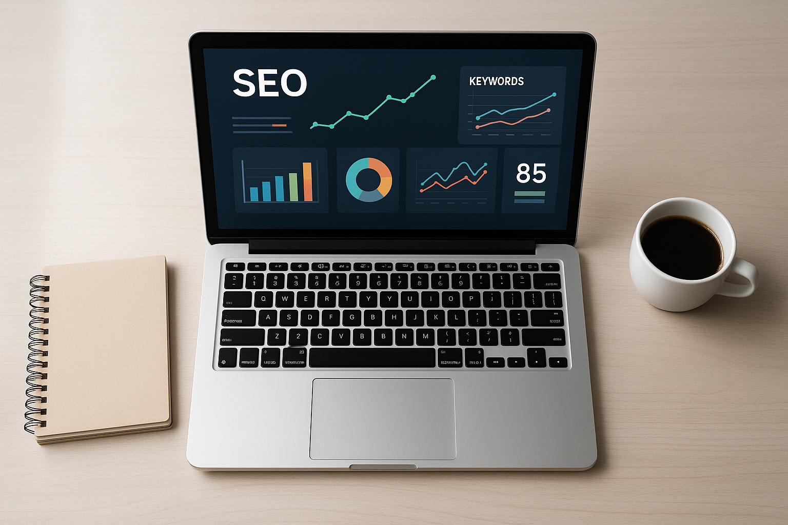 SEO software for content creators displayed on a laptop with keyword analytics and content scoring dashboards