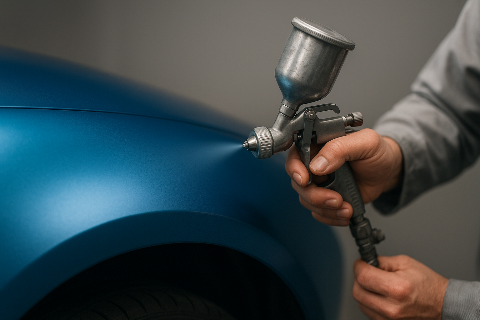 Technician performing auto body paint blending Brea on a metallic fender edge