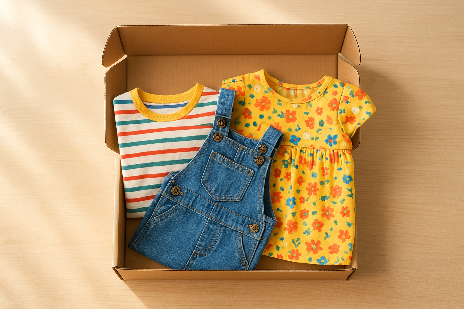 Open children's clothing delivery service box on a wooden table with colorful folded kids' outfits inside