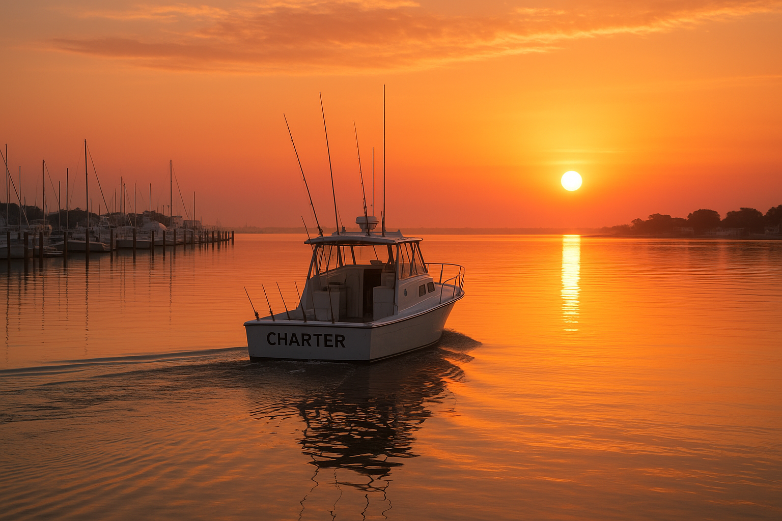 Charter boat departing at sunrise for fishing trips Myrtle Beach
