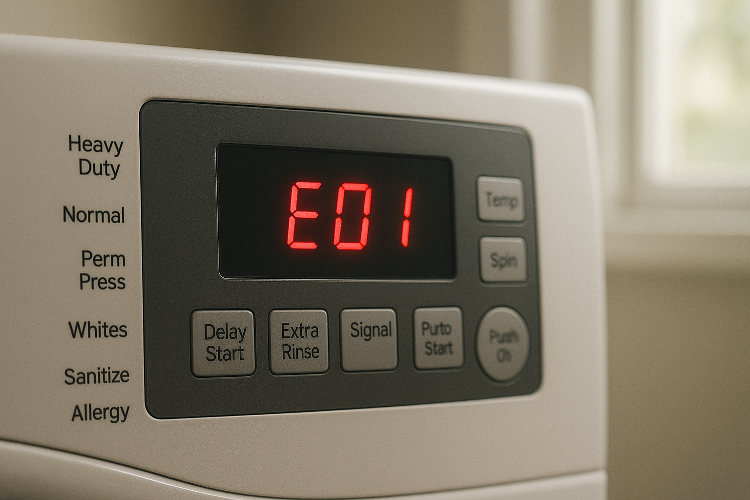 Washing machine control panel showing an error code during an appliance diagnostic check