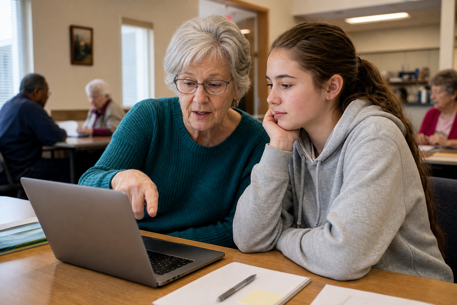 An older adult and a teenager discussing technology together in a community setting