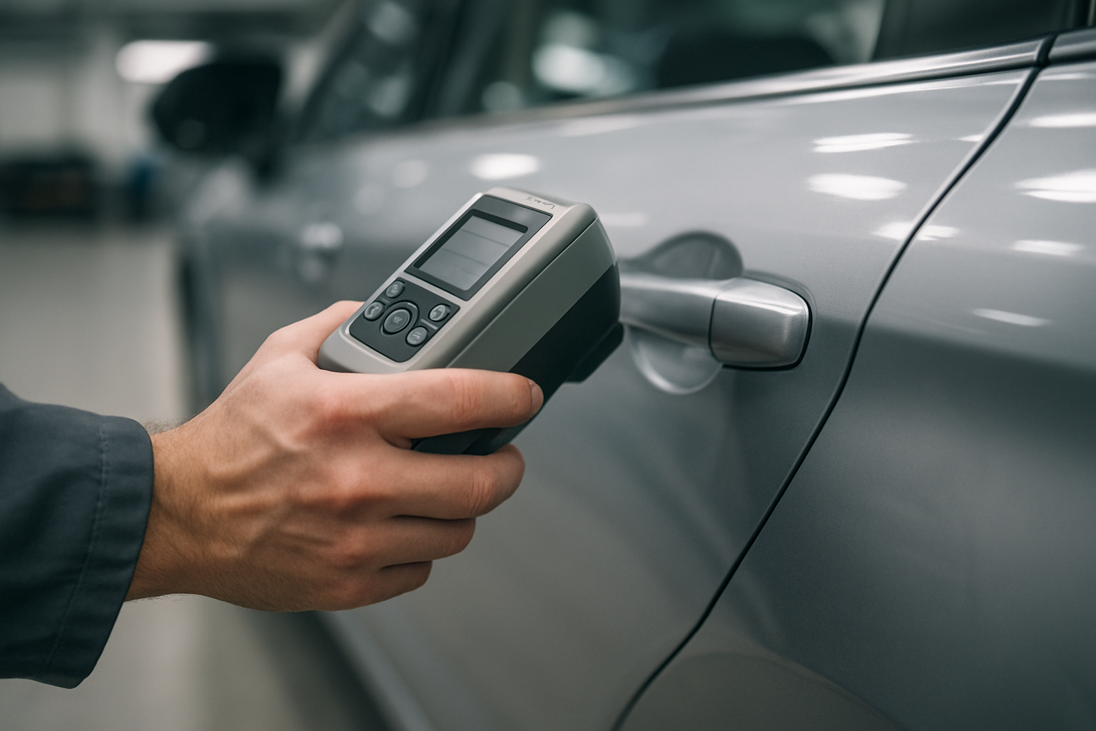 Auto body technician using computerized color matching equipment for precise vehicle paint repair in Brea