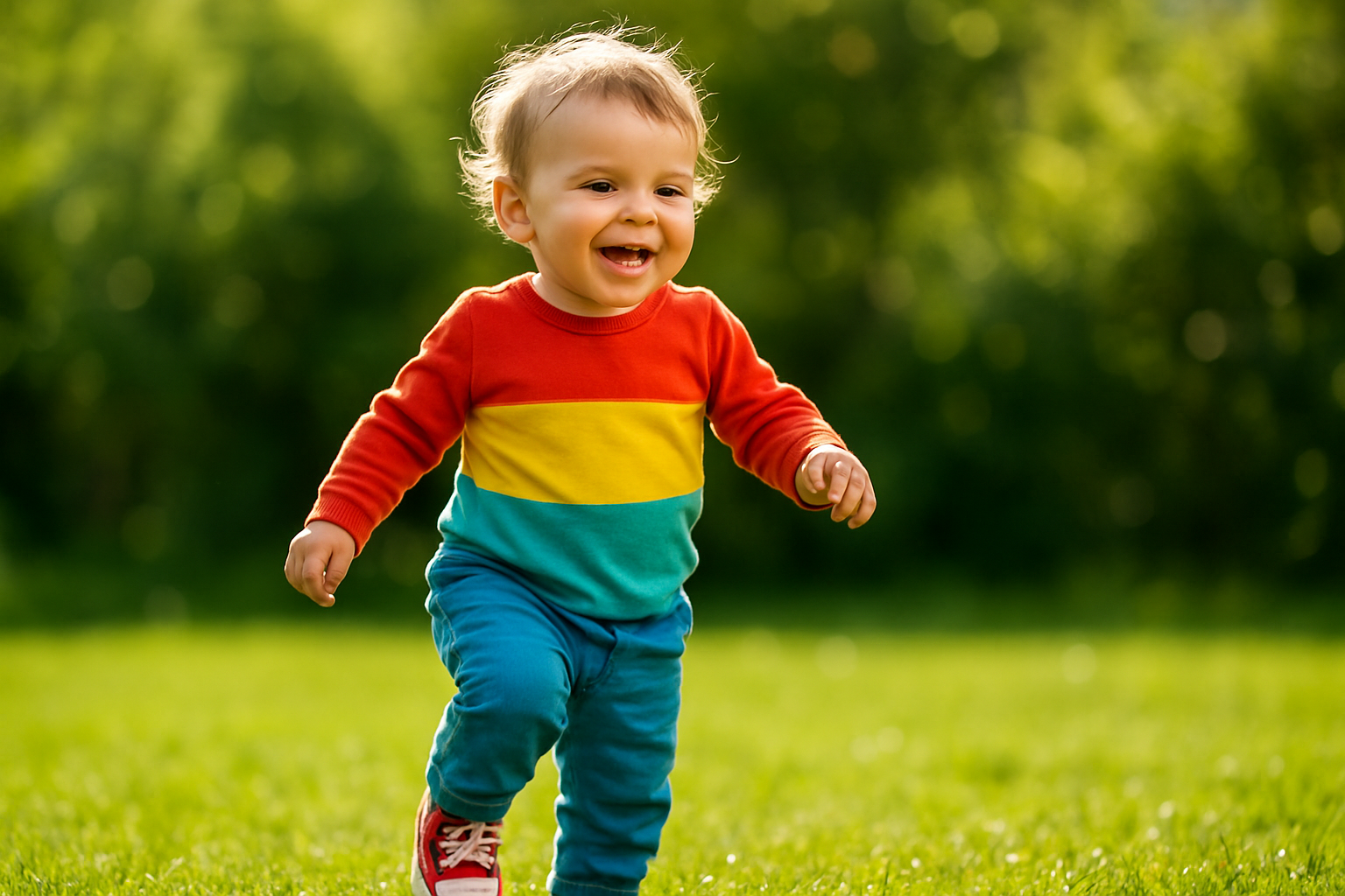Happy toddler wearing a comfortable rented outfit while playing outside