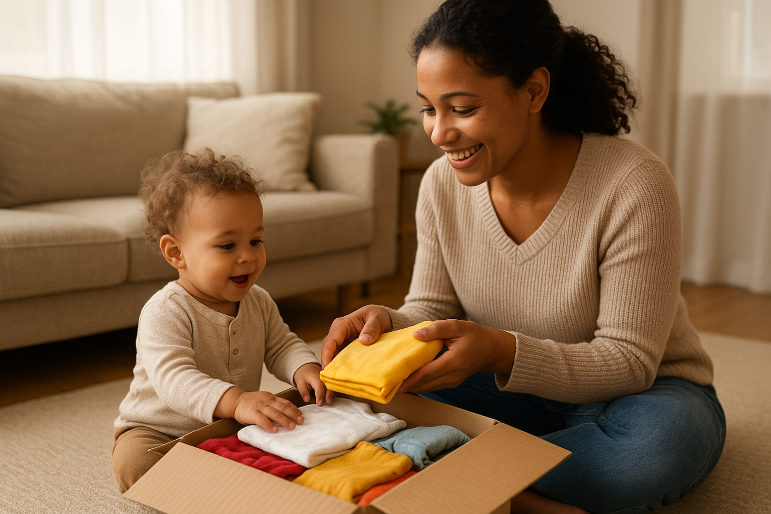 Parent and toddler opening a monthly children's clothing rental delivery box