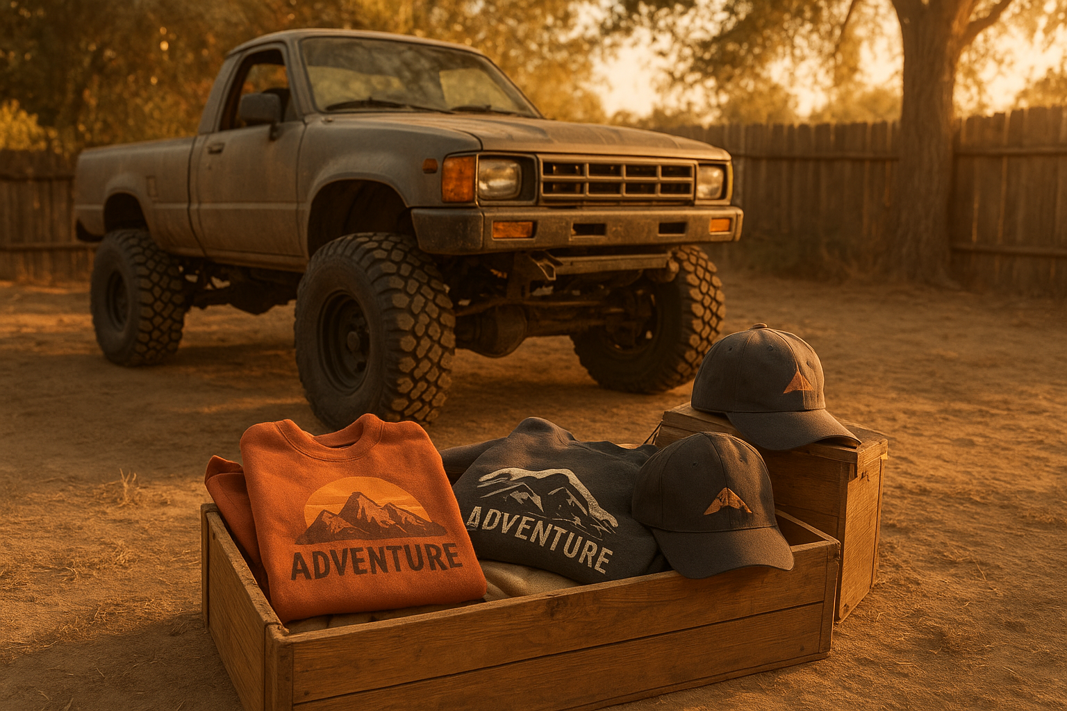 Off-road truck beside a crate of folded graphic hoodies and baseball caps