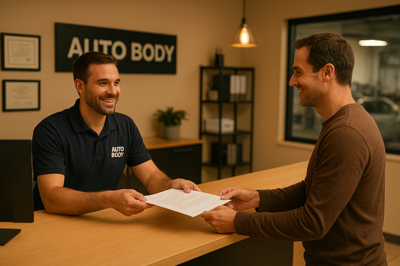 Service advisor explaining estimate paperwork to a customer during a collision repair visit