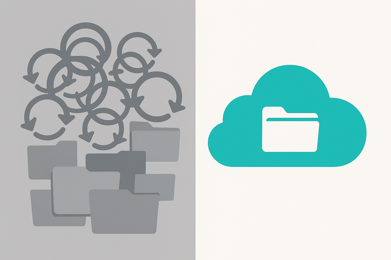Comparison illustration of cluttered file sync folders versus one organized cloud-based file share