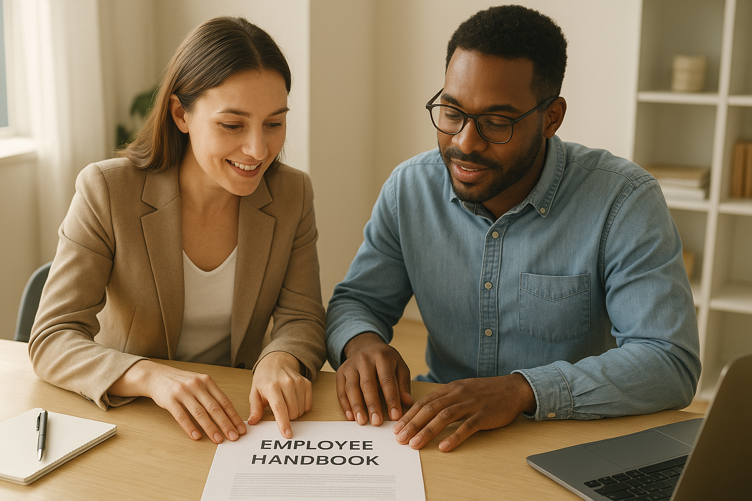 HR consultant and business owner reviewing custom employee handbooks at a desk