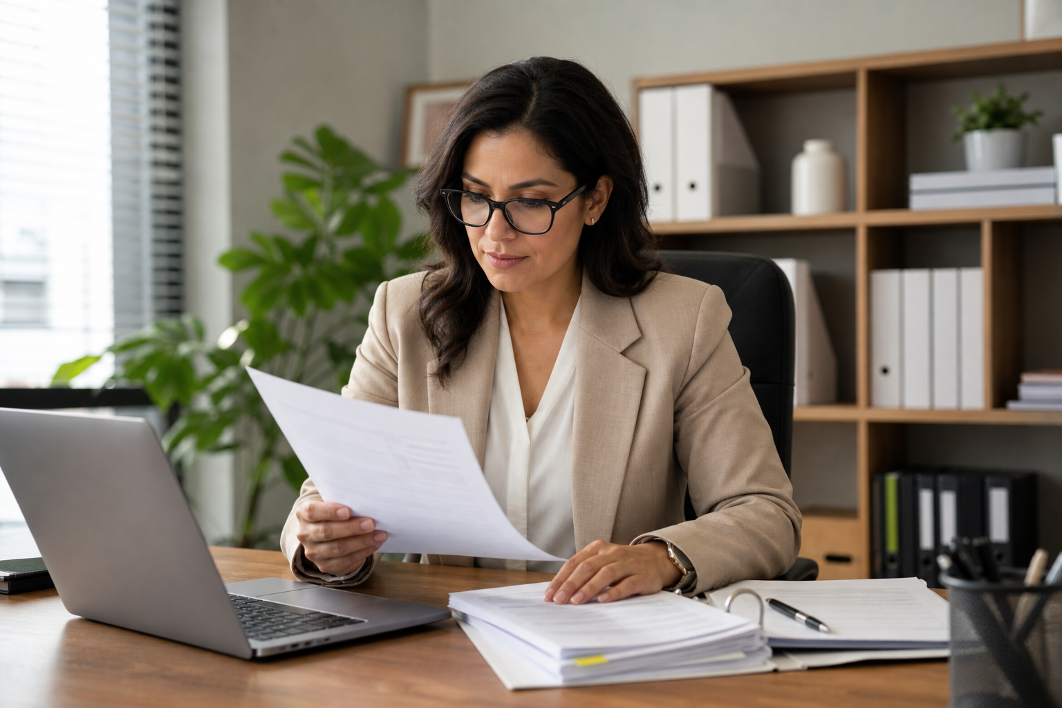HR professional reviewing workforce policy documents at a desk