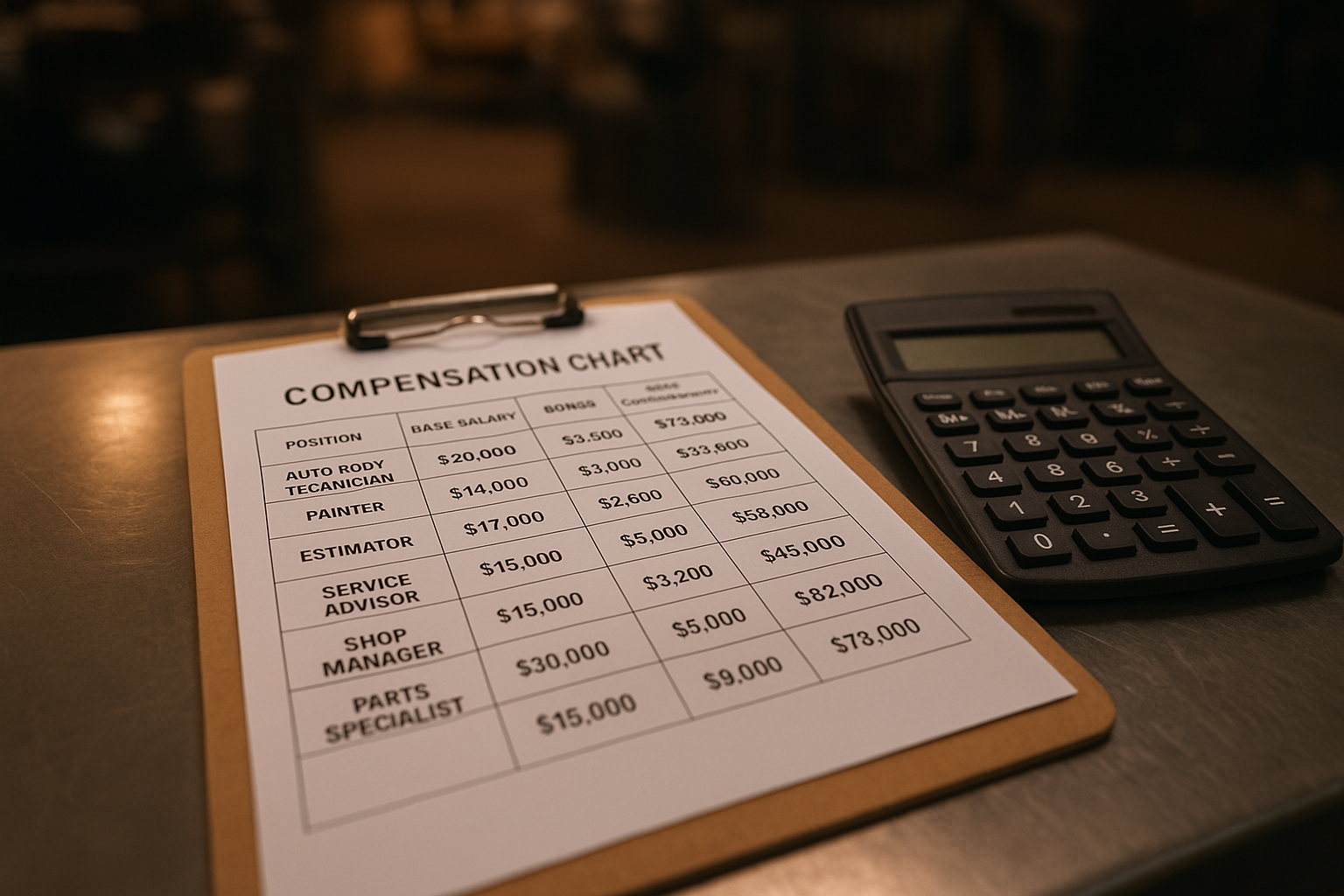 Compensation chart and calculator on a clipboard representing different body shop pay plan structures