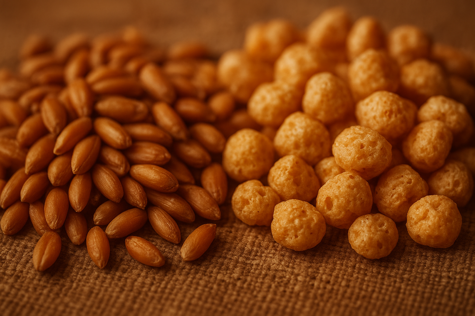 Close-up comparison of raw ancient wheat kernels next to gently puffed cereal pieces