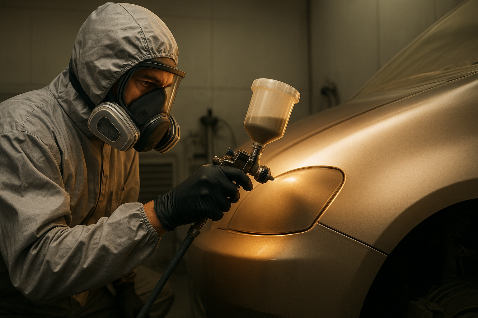 Auto body technician applying color-matched paint to a vehicle panel in a professional spray booth