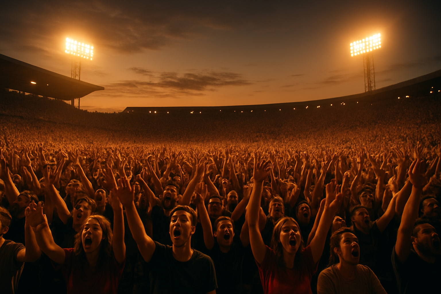 Stadium crowd performing the alli alli chant with arms raised under golden floodlights