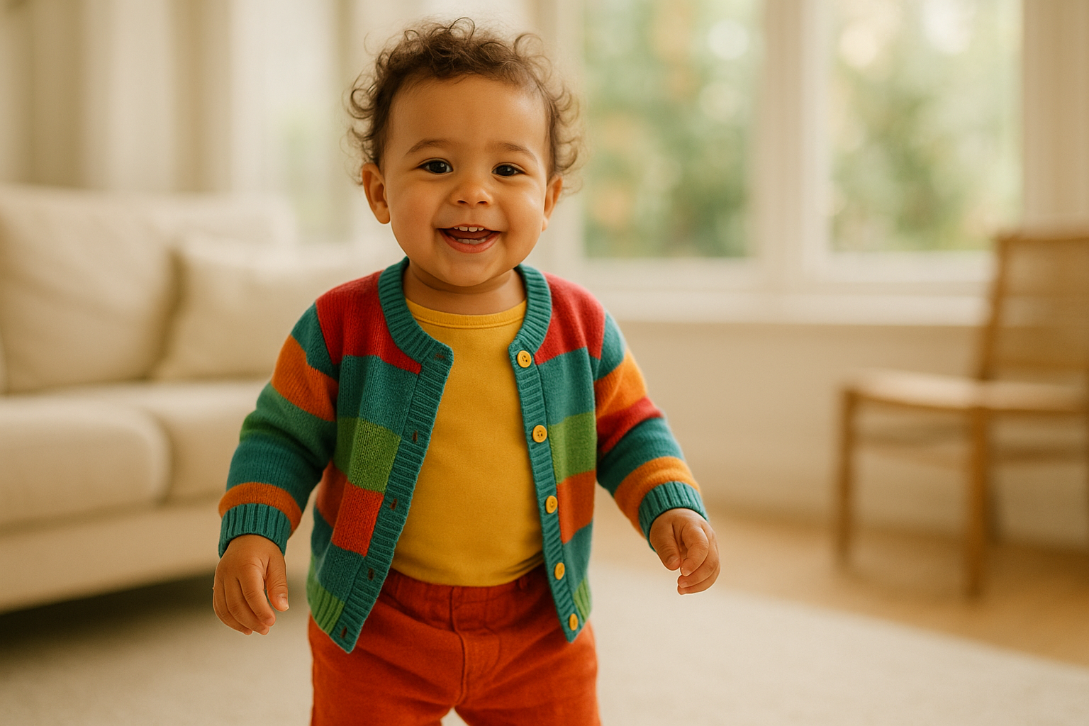 Happy toddler dressed in premium clothing from a rotating kids outfit subscription service