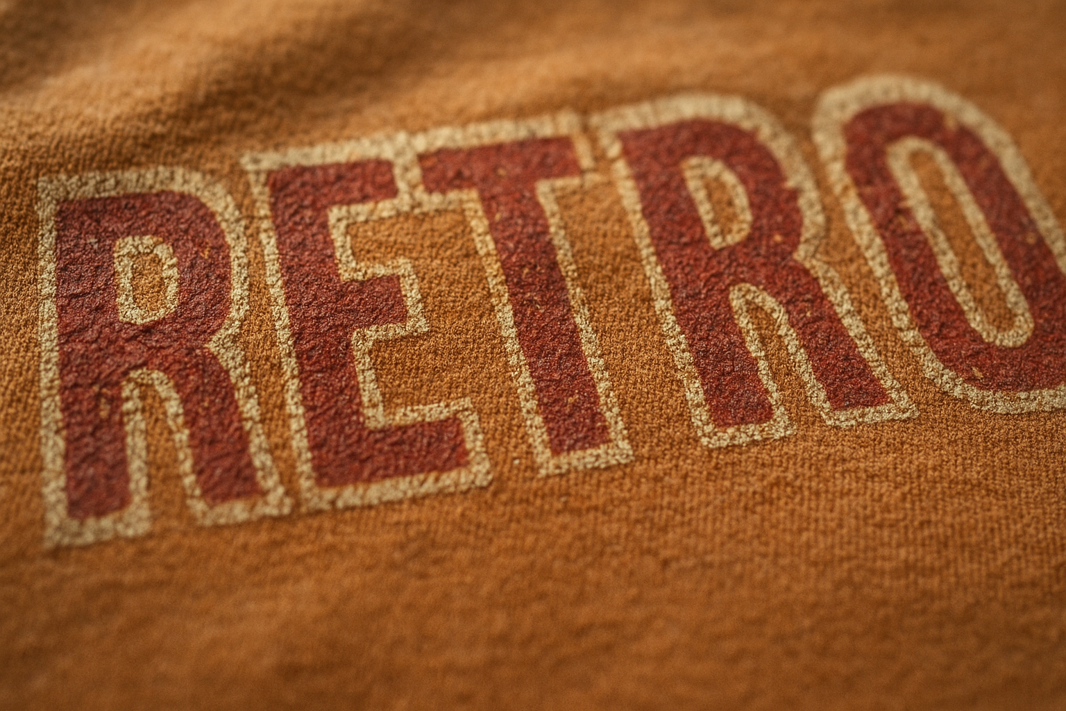 Close-up of distressed retro lettering screen printed on cotton fleece fabric