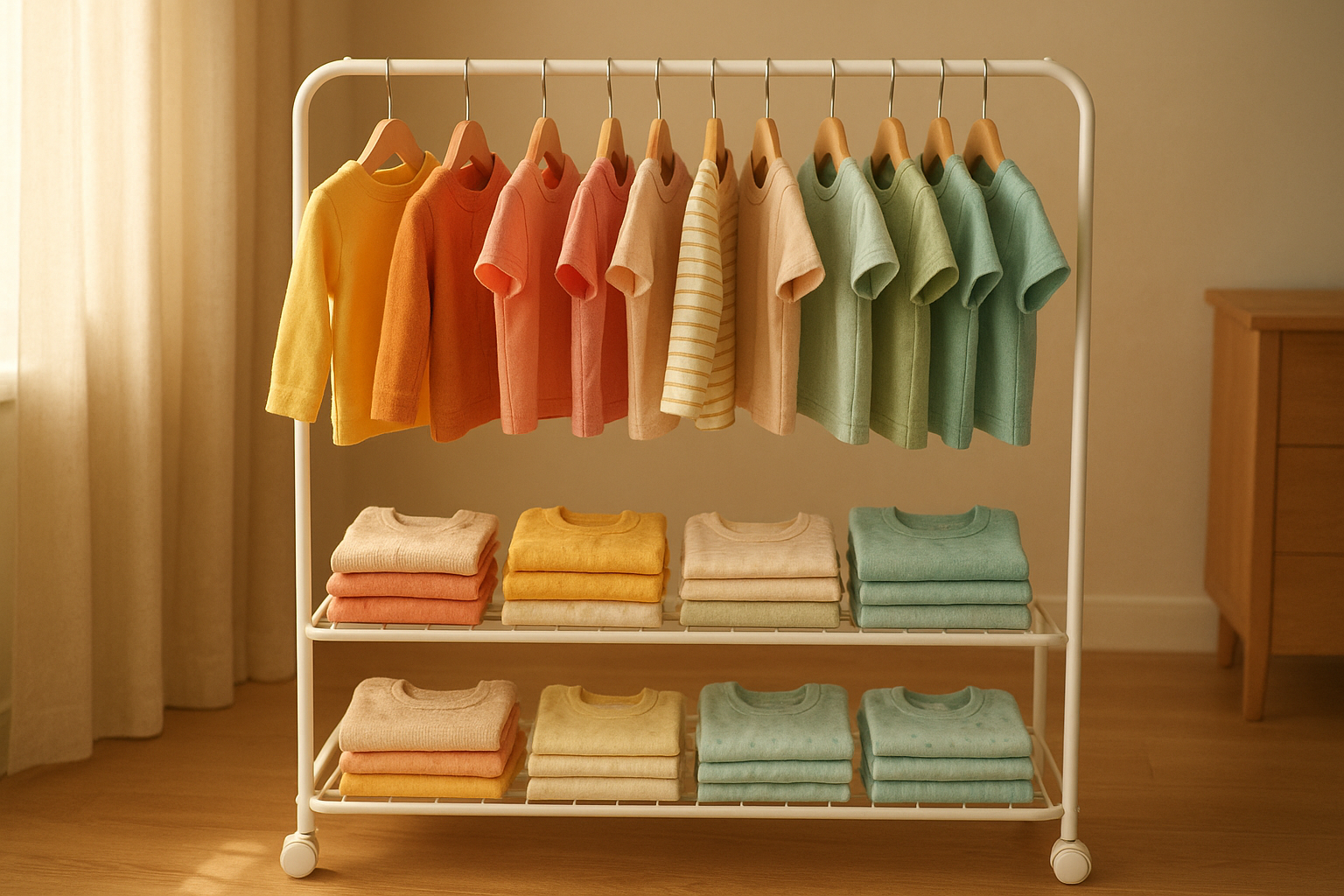 Rolling rack of curated children's clothing used in a wardrobe rotation service