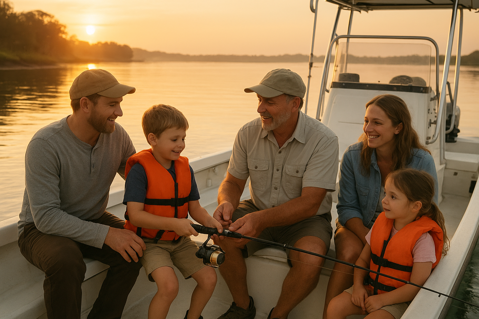 Family learning North Myrtle Beach charter fishing for beginners on a calm inshore creek