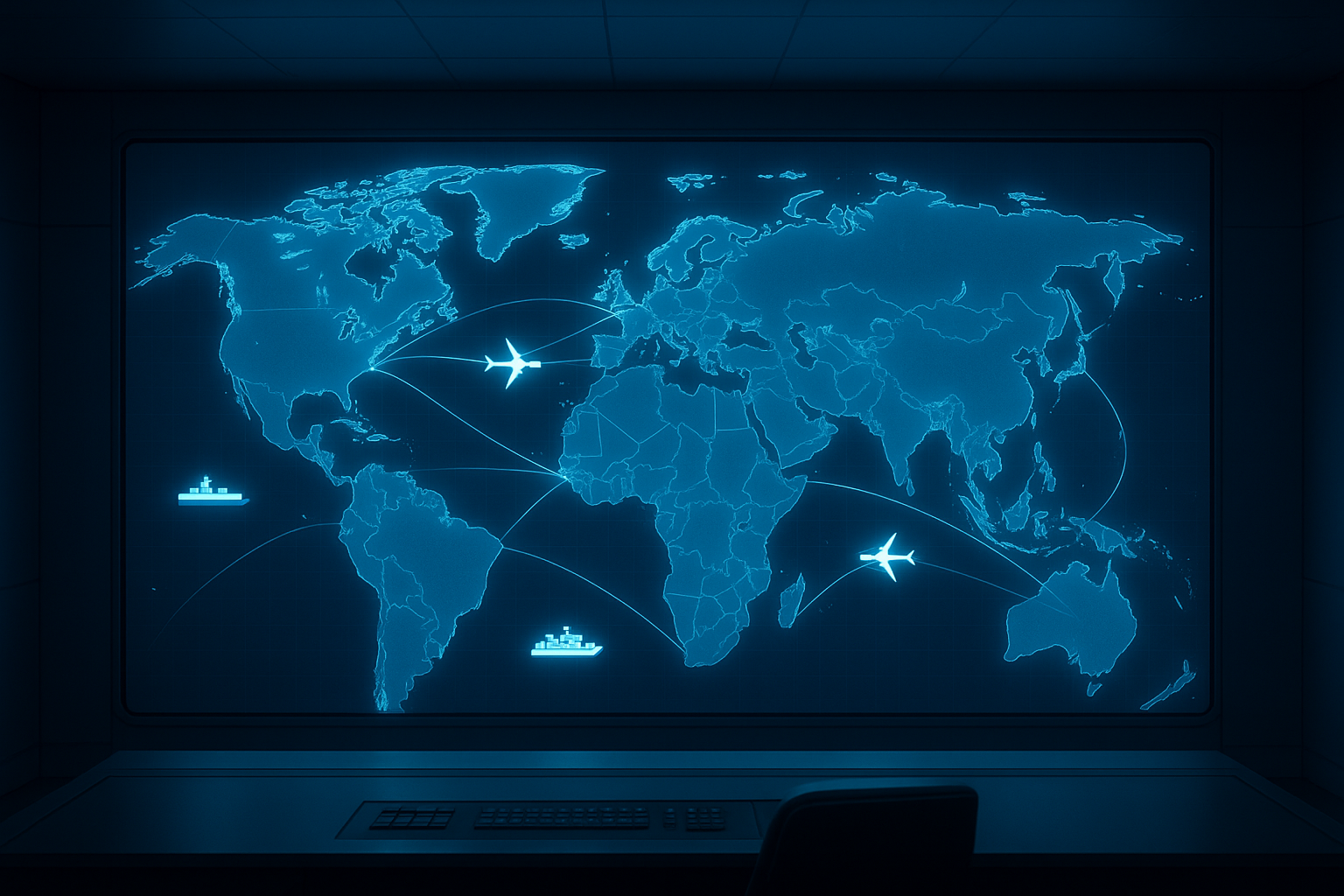 Digital world map dashboard showing international shipping tracking routes between continents