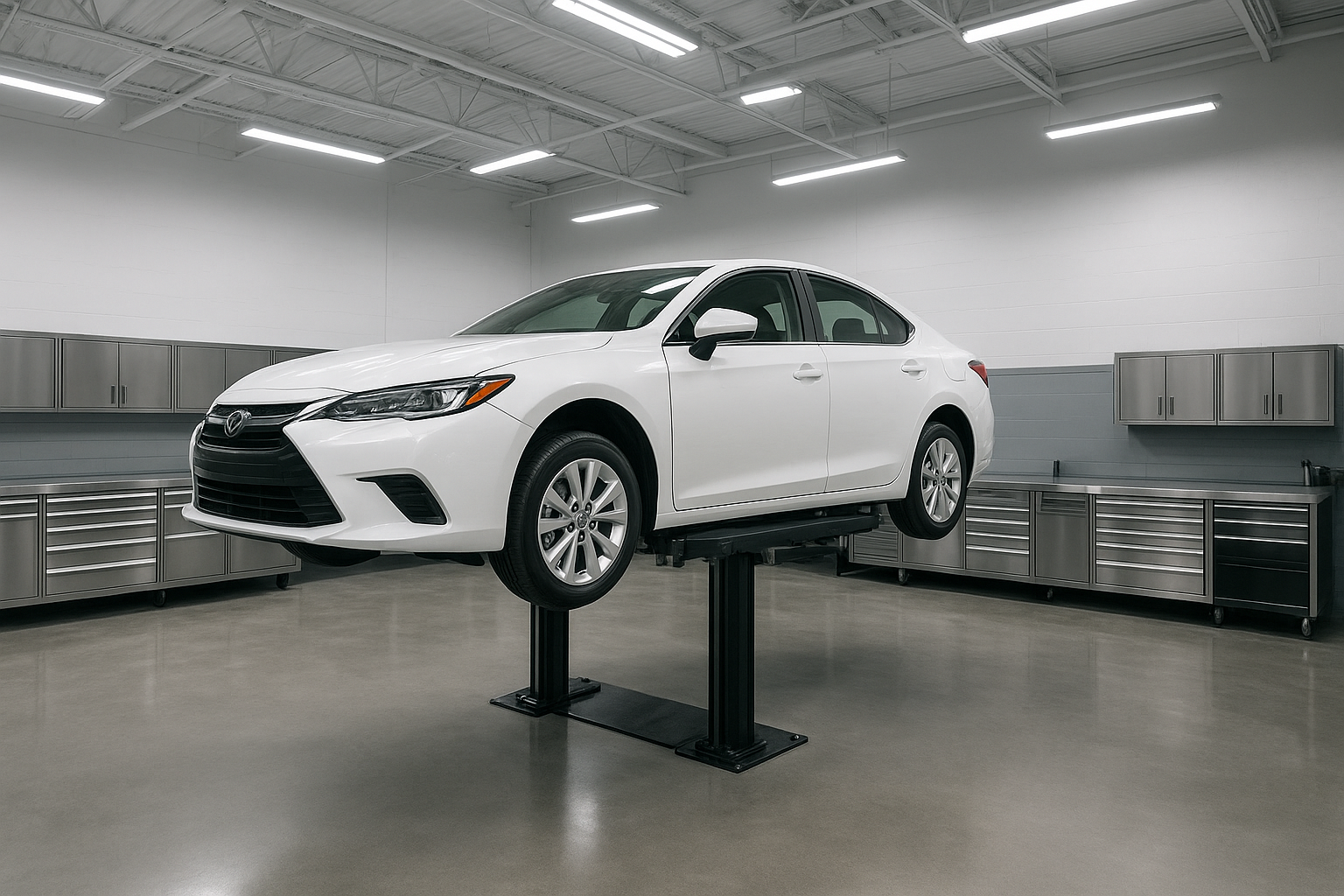 Certified auto body repair orange county shop interior with vehicle on hydraulic lift