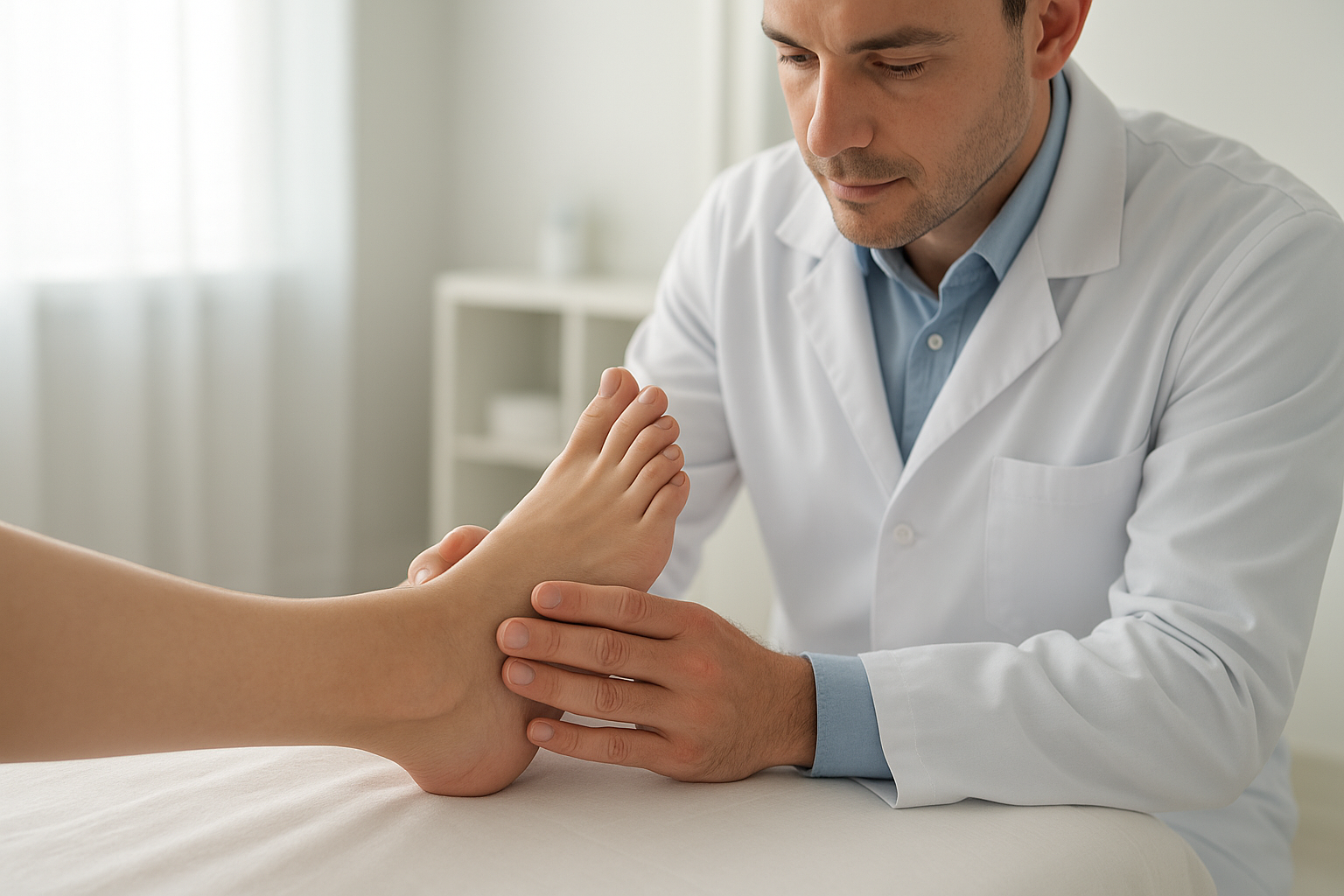 Podiatrist examining a patient's foot before recommending diabetic foot pain relief insoles