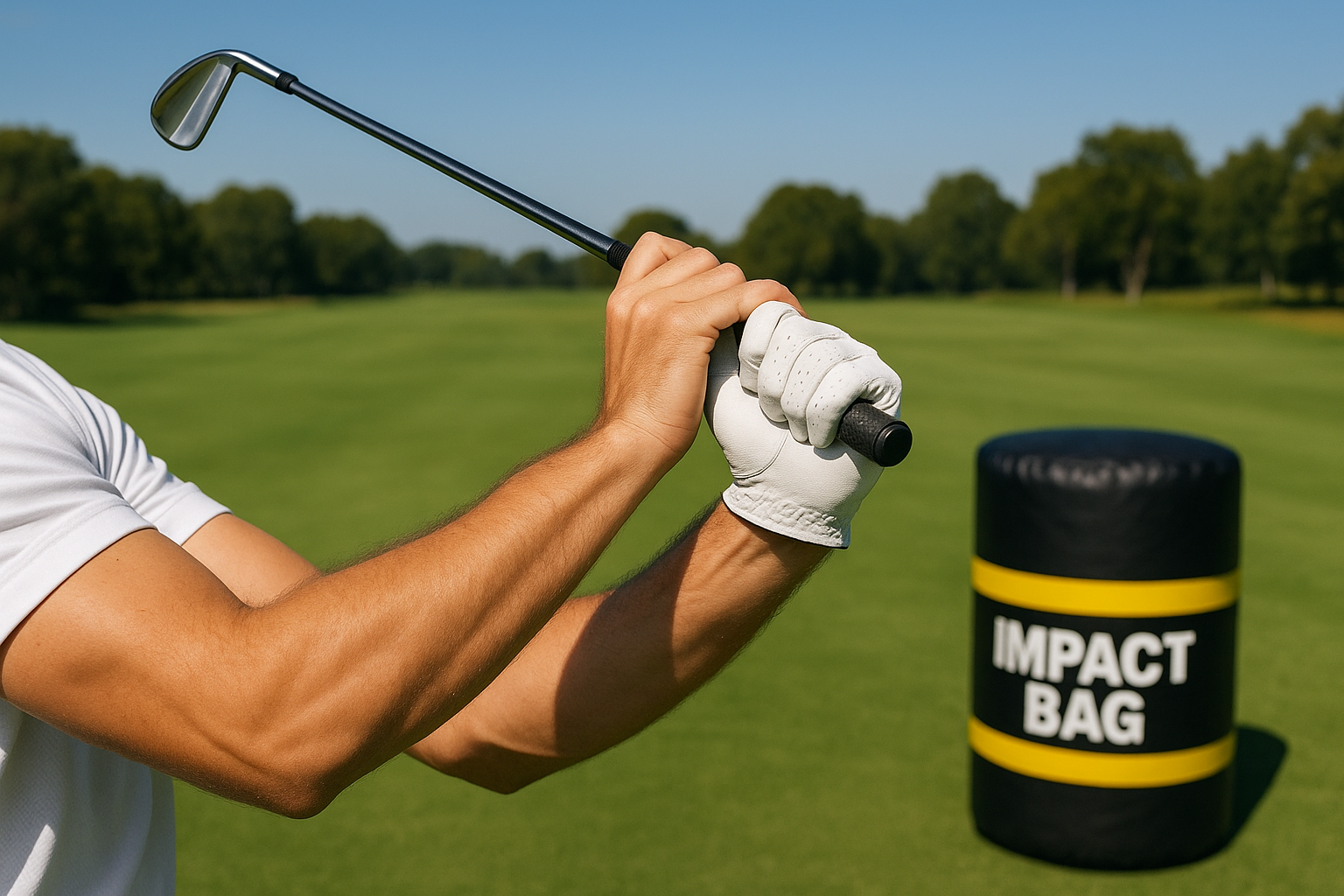 Golfer demonstrating wrist and grip position during a swing mechanics drill