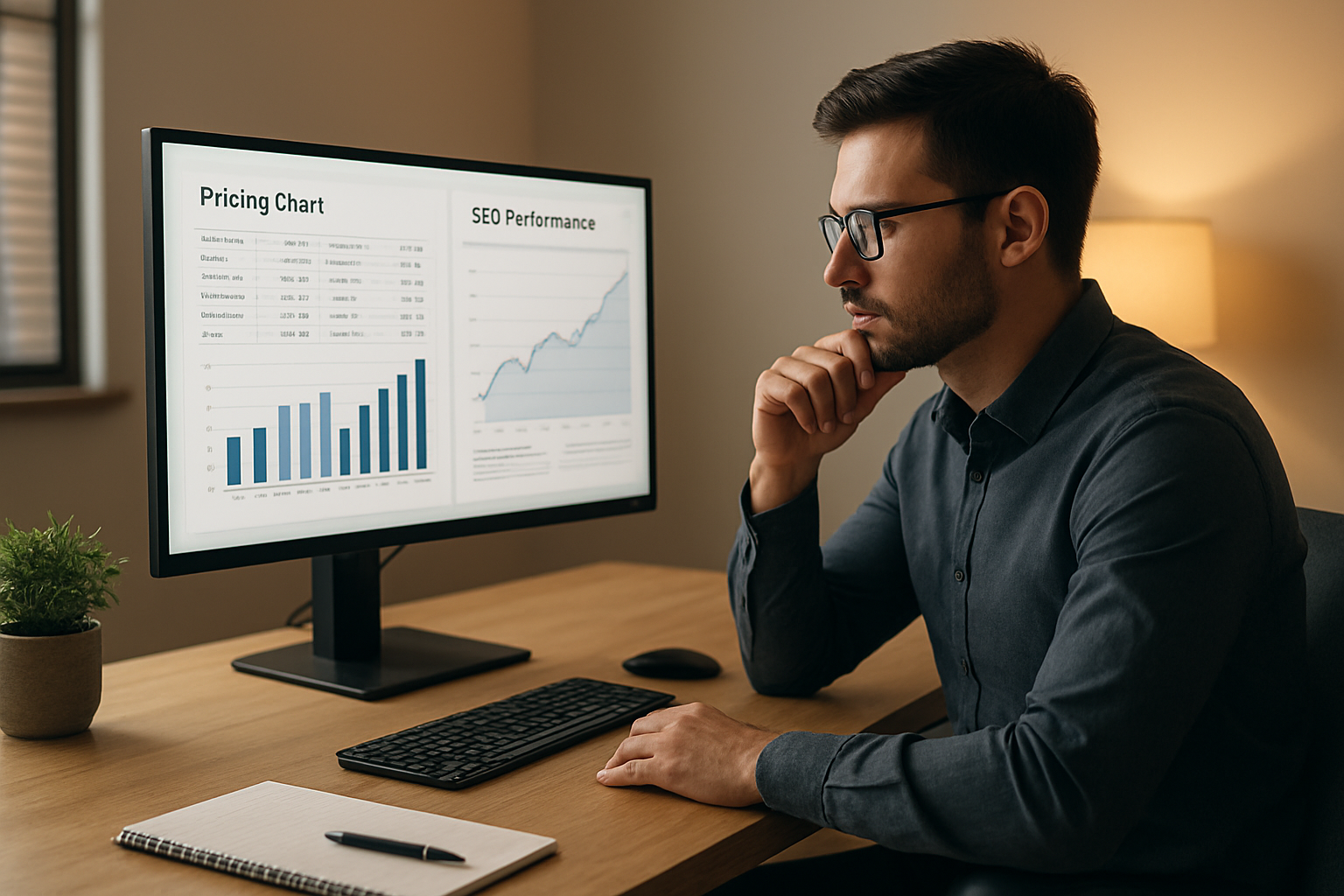 Professional reviewing website SEO costs and pricing charts on a monitor