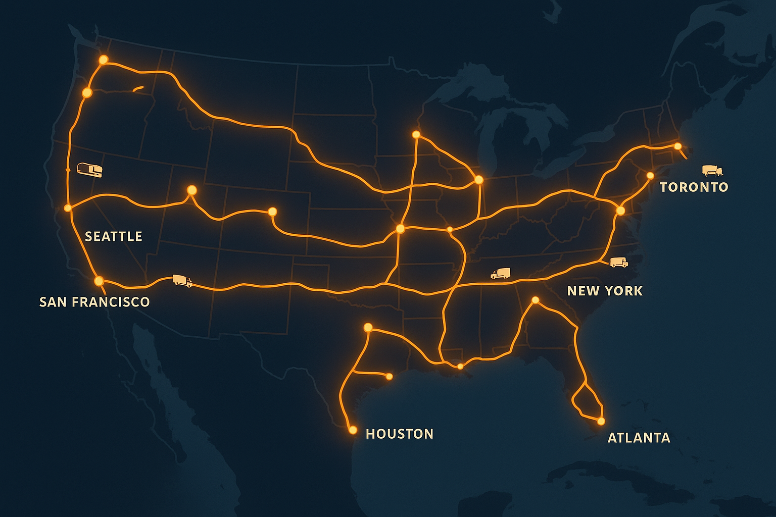 Map illustration showing LTL freight routes connecting cities across North America
