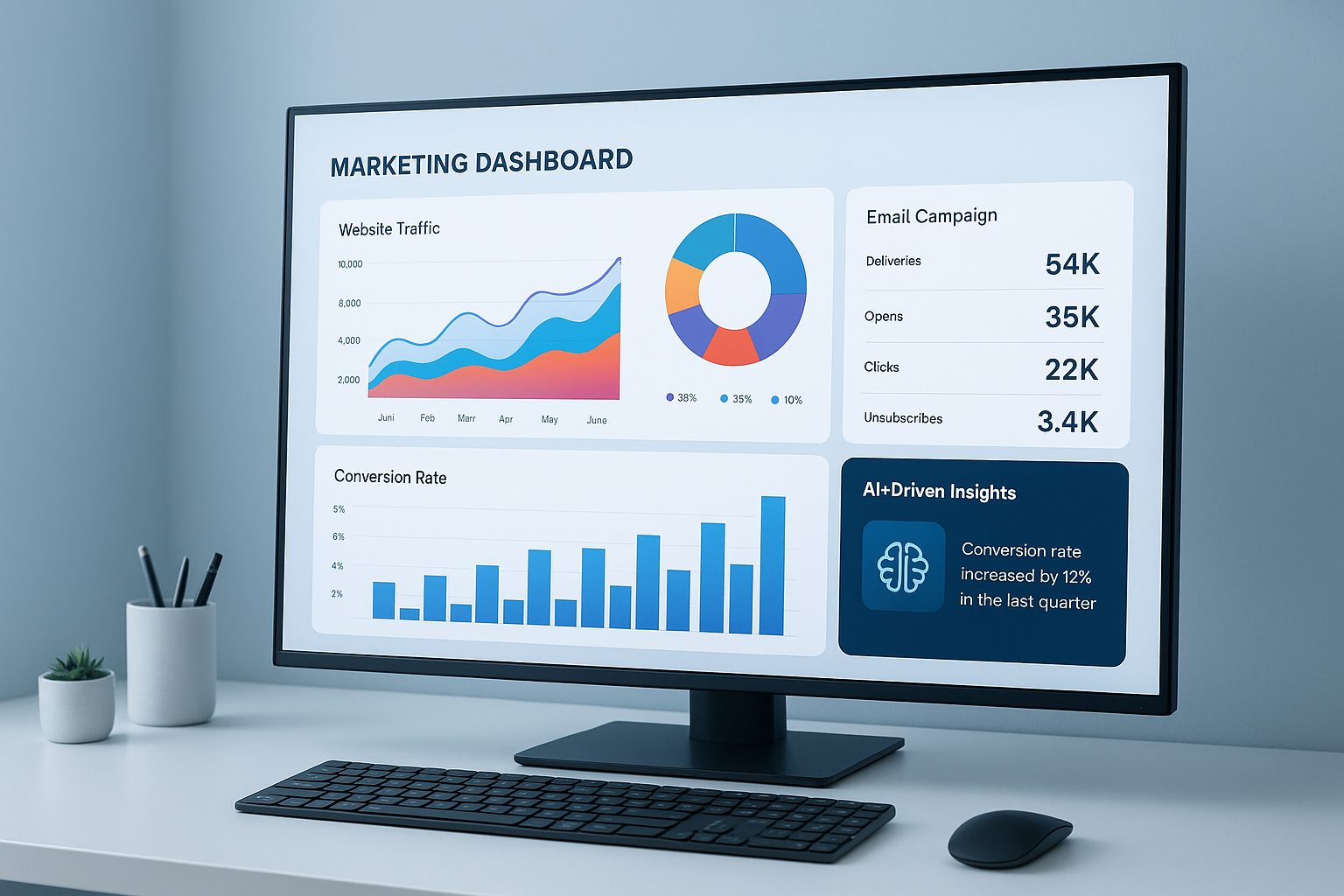 Digital marketing automation tools dashboard showing campaign metrics and AI insights