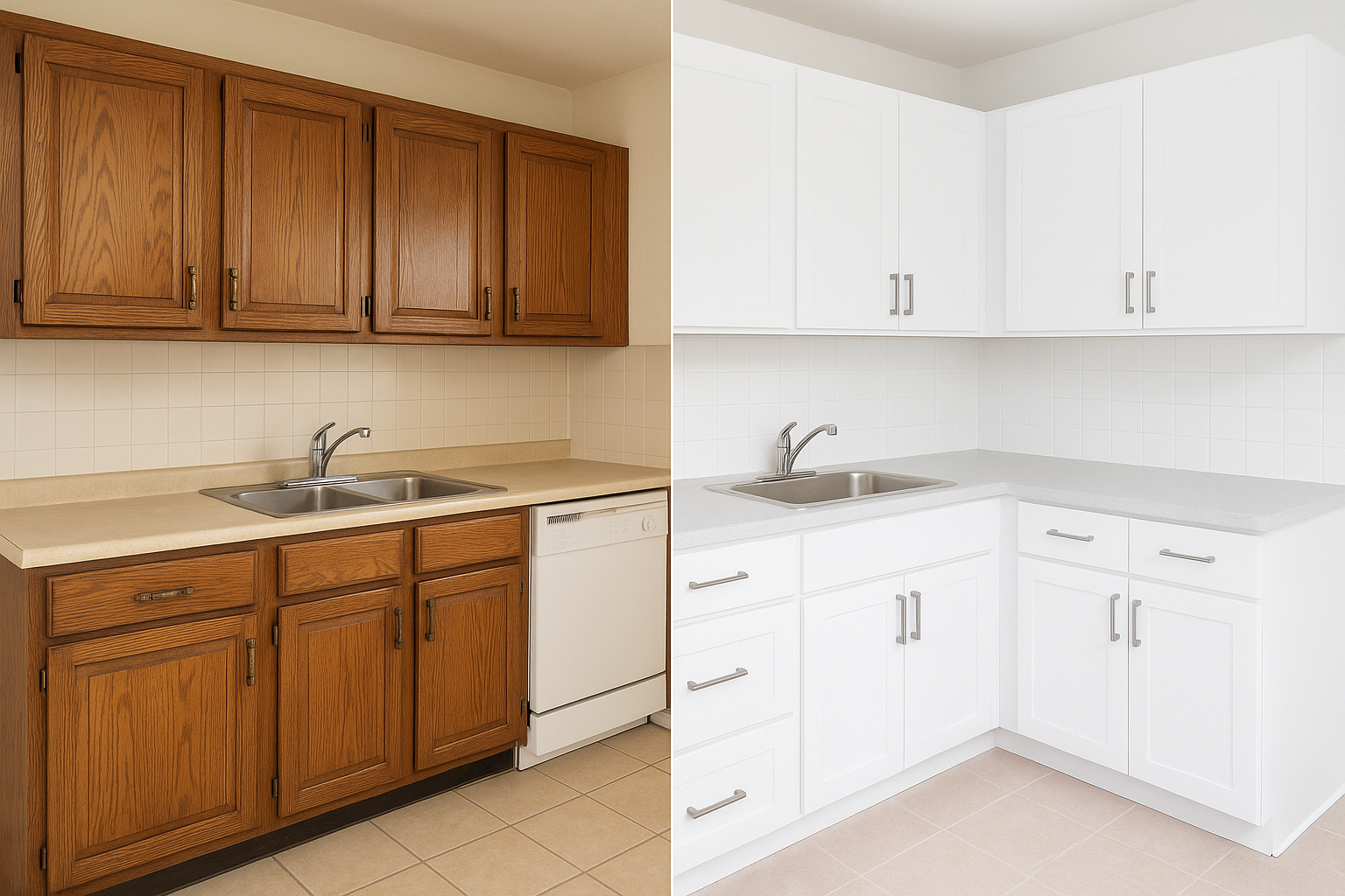 Before and after kitchen cabinet refacing transformation showing dramatic visual improvement