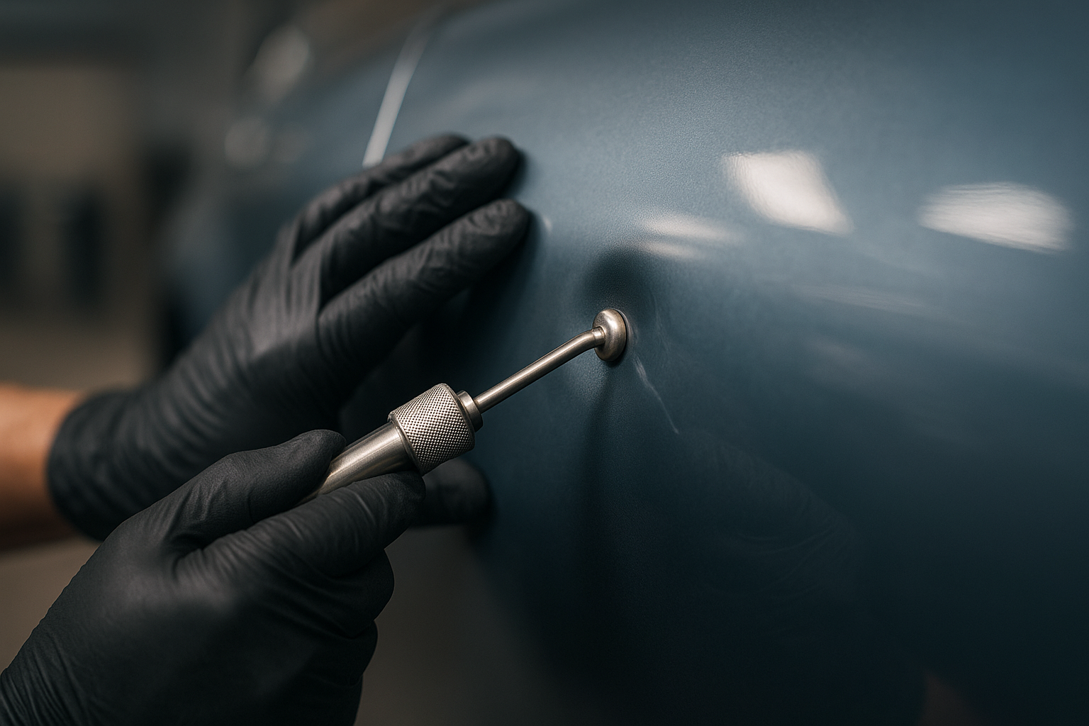 Technician performing precision dent removal on a car door panel