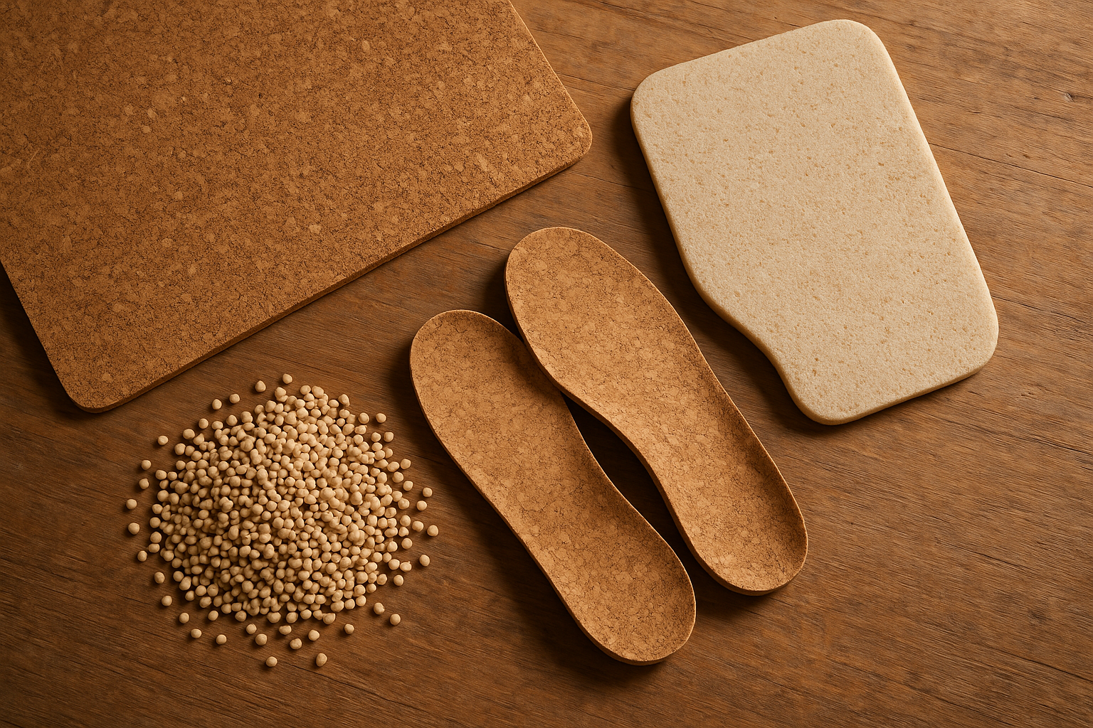 Sustainable orthotic materials including cork, recycled foam, and bio-based polymers arranged on a wooden table