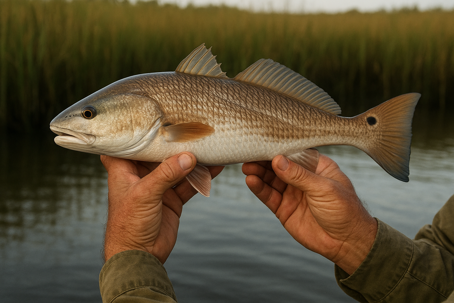 Angler holding a red drum caught during an inshore fishing charter in a North Myrtle Beach creek