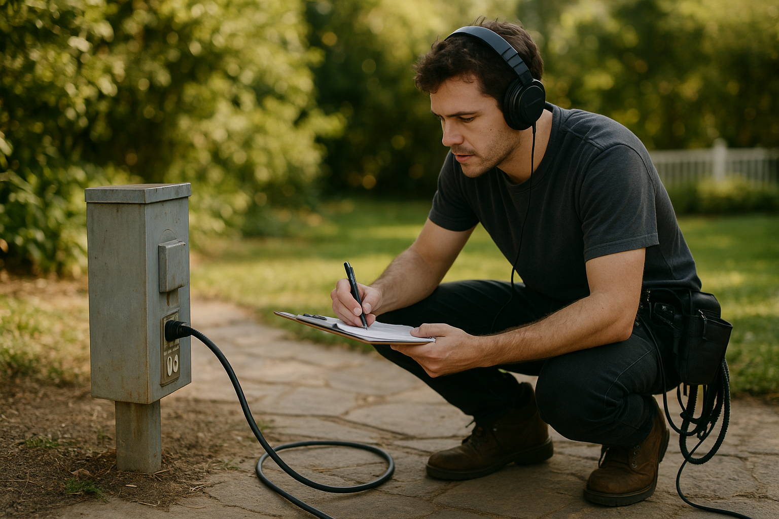 Audio technician performing a venue walk-through before an outdoor sound system rental setup