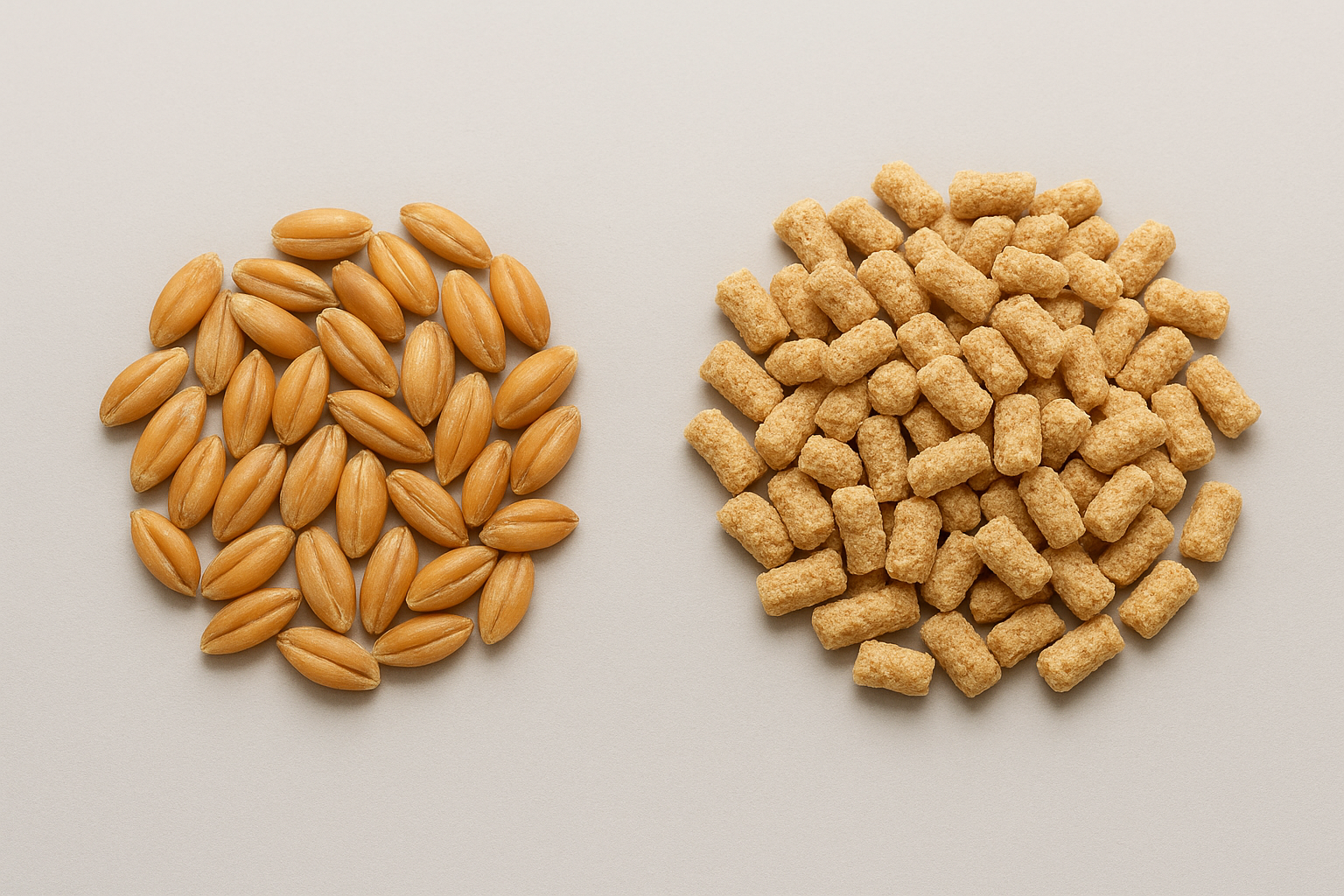 Visual comparison of whole grain kernels next to heavily extruded cereal pellets