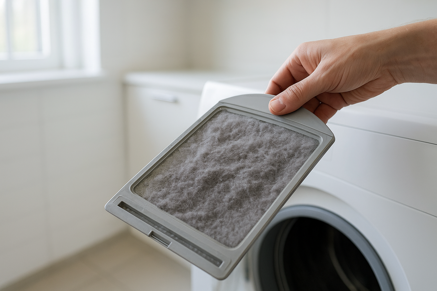 Close-up of a clogged dryer lint trap that can lead to dryer repair needs
