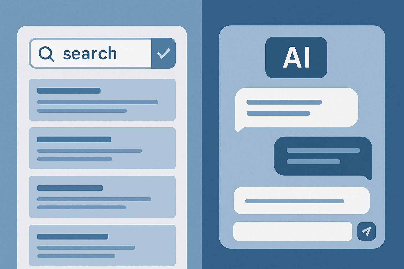 Comparison illustration showing traditional search results versus AI-generated chat answers