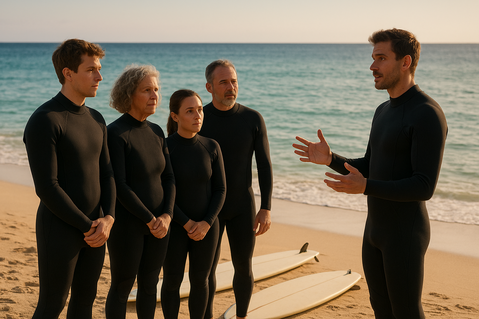 Family of tourists practicing ocean safety before a guided surf lesson
