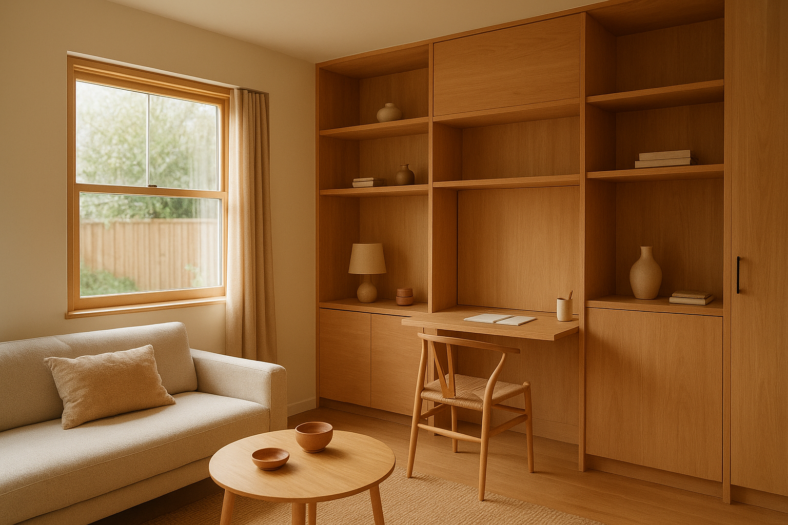 Compact ADU interior with custom built-ins designed for multigenerational family living