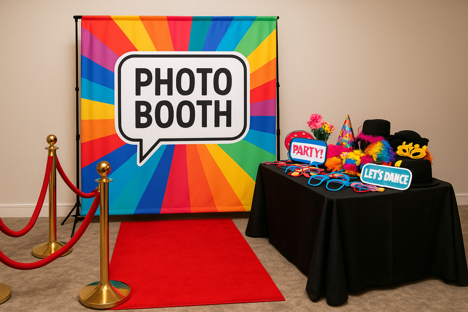 Photo booth backdrop, red carpet, and prop table add-ons available for rental events
