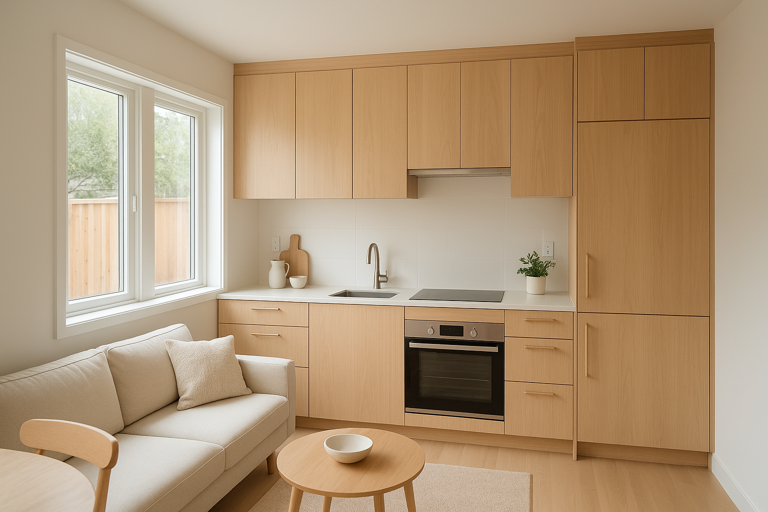 Interior of a newly built attached ADU addition with modern kitchen finishes