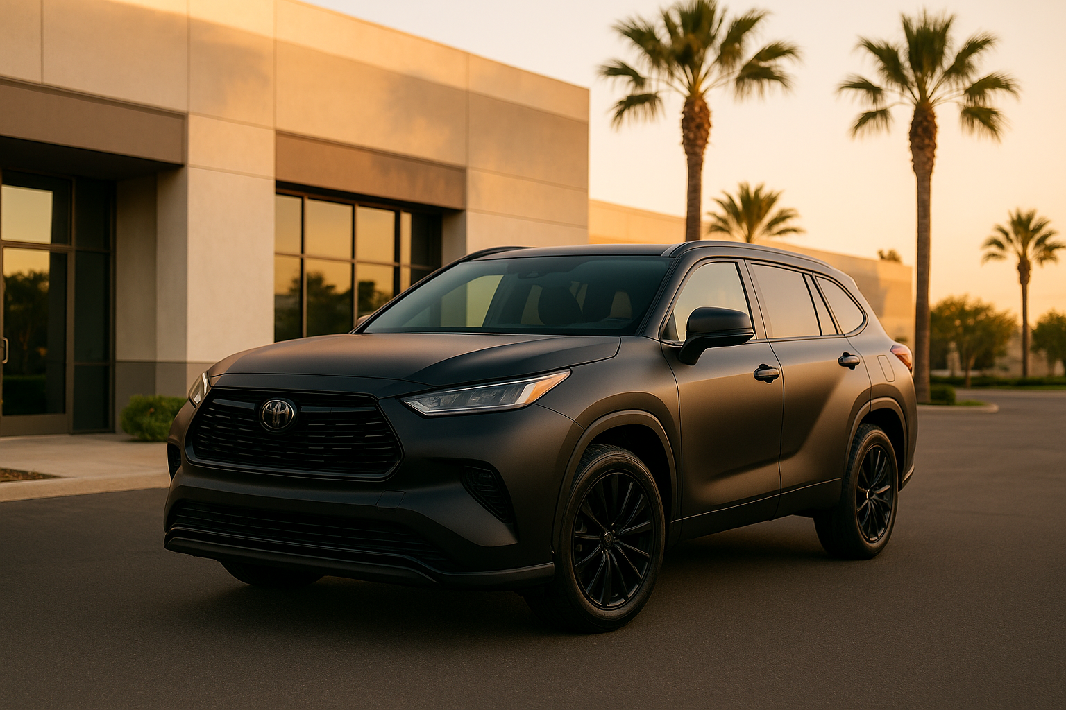 Freshly wrapped matte black SUV outside a commercial building in Orange County