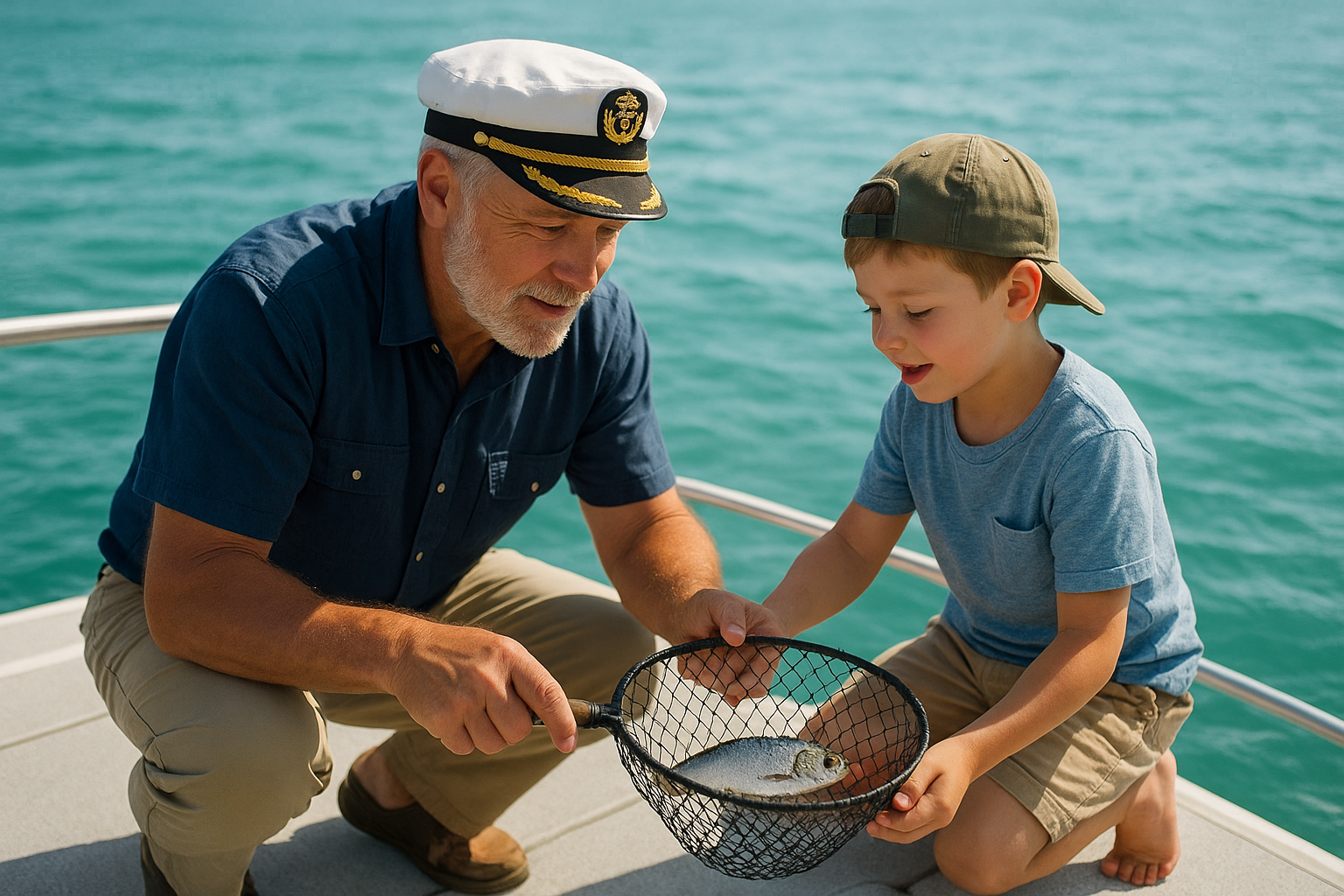Captain helping a child net a small fish during a kid-friendly fishing charter near Myrtle Beach