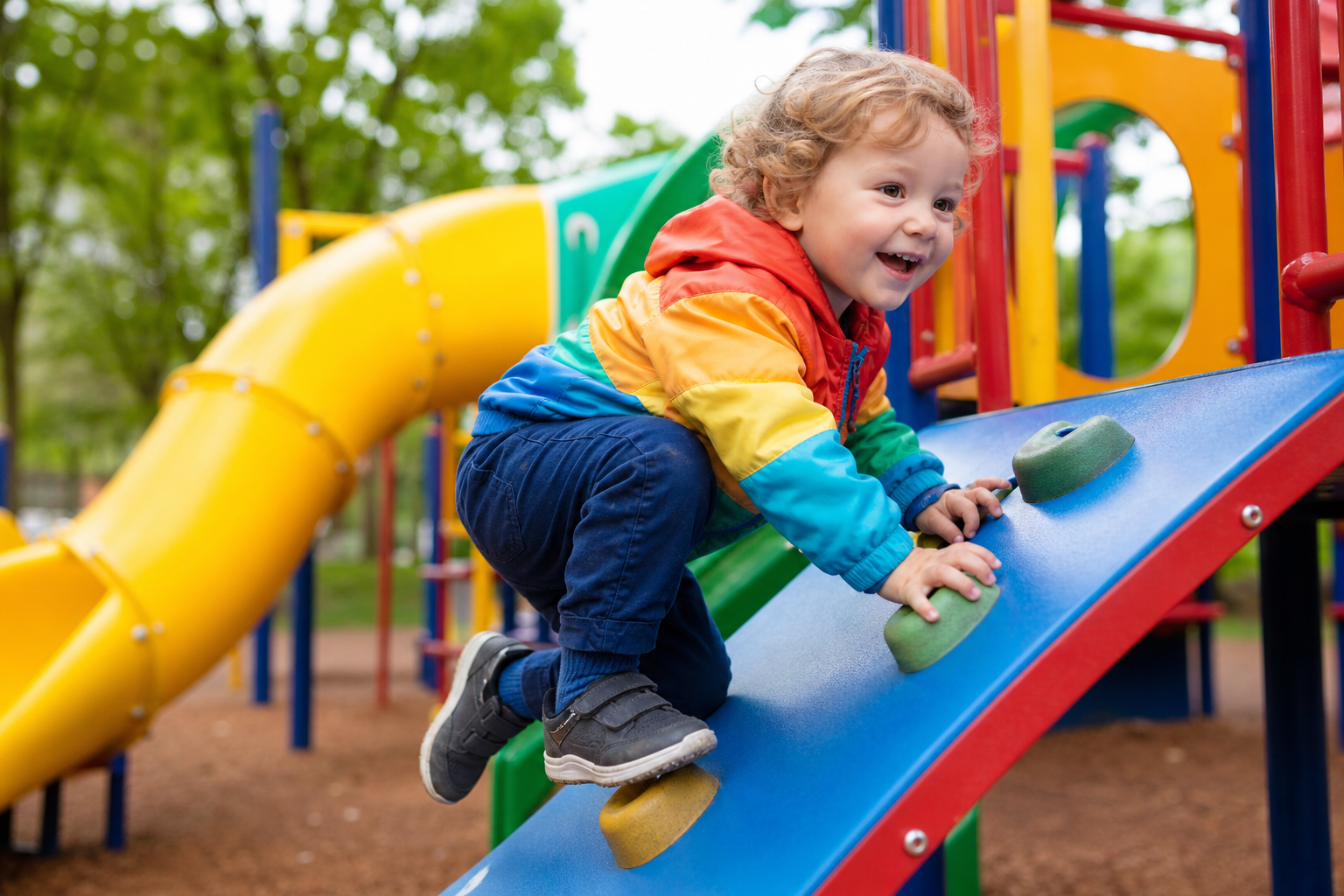 Toddler climbing playground equipment while wearing durable kids clothing rental for active children